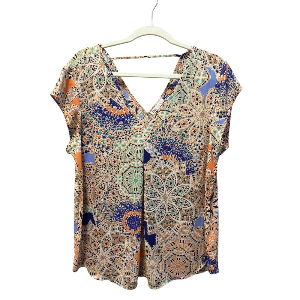 DR2 by Daniel Rainn Women’s Boho Mandala Print V‑Neck Cap Sleeve Top Size LG EUC